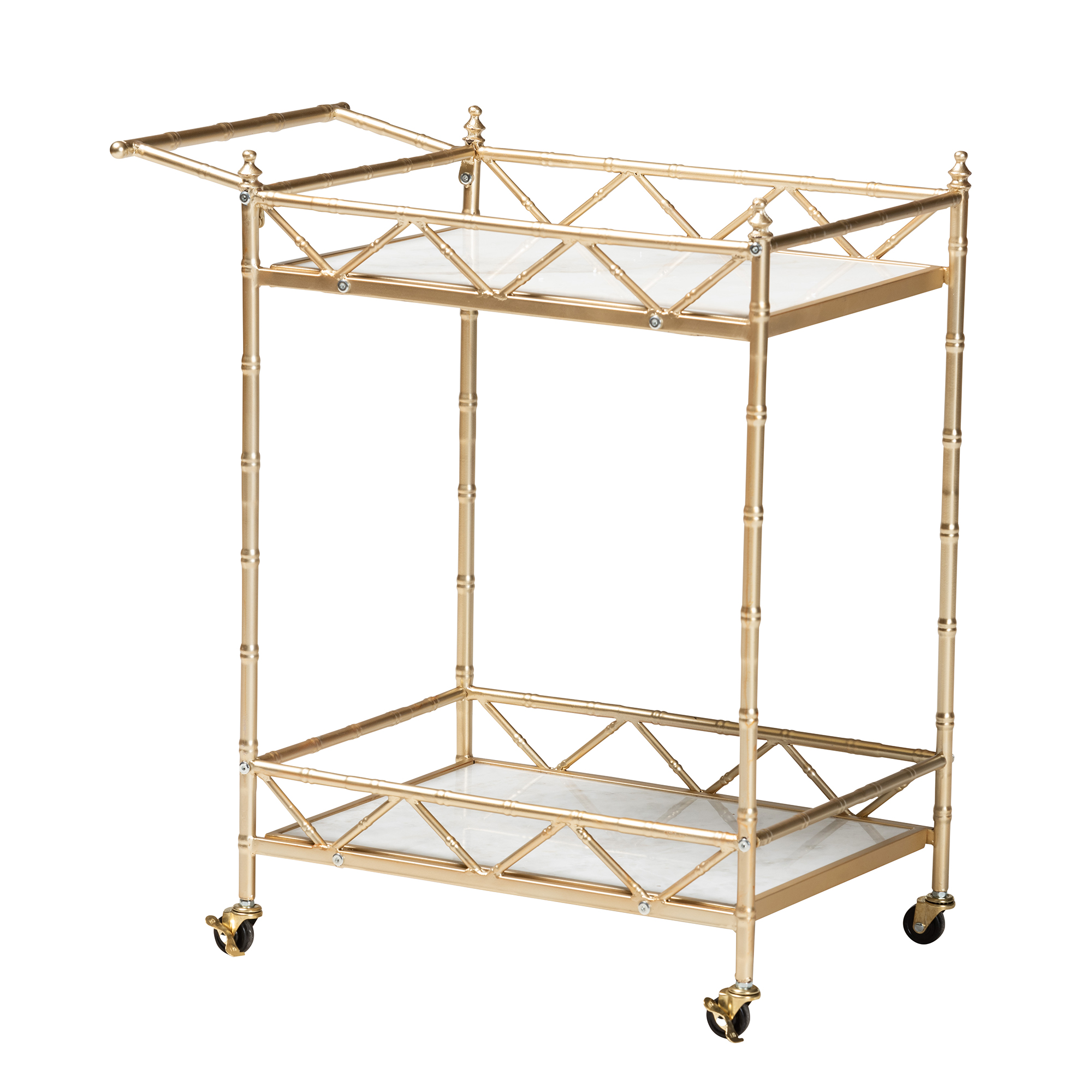 Baxton Studio Mela Contemporary Glam and Luxe Gold Metal and White Marble 2-Tier Wine Cart